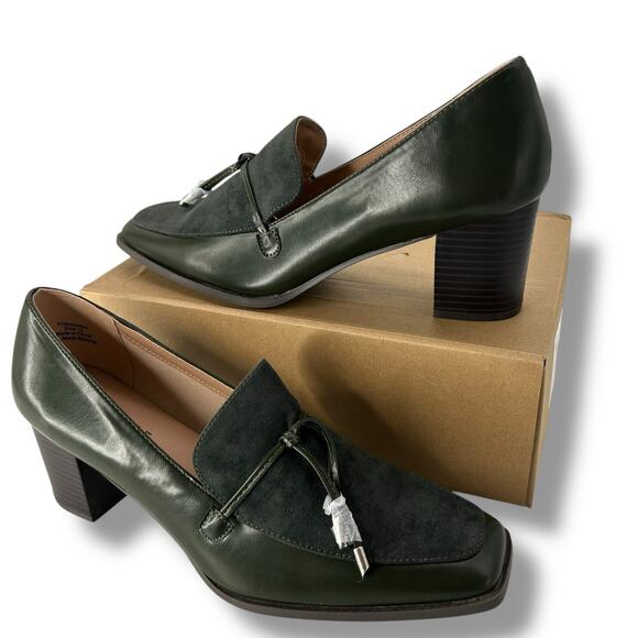 NEW Journee Olive Green Heels Size 6.5 Old Money Classic Loafers Square Toe Y2K - Picture 1 of 11